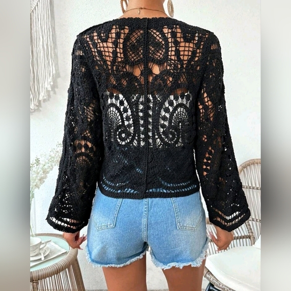 NWOT Black Crochet Button-Front Cardigan 🖤 - Picture 2 of 8